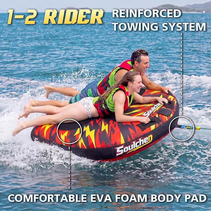 Soulchen Thriller Style Inflatable Towable Tube for Boating, 1-2 Rider Models Water Tubing Tube Full Nylon Cover for Water Sports, Safety Speed Valve for Easy Inflating Deflating