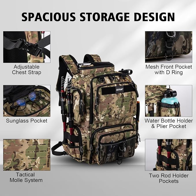 Goture Fishing Backpack,900D Water-Resistant Tackle Backpack with Rod Holders, SBS Zippers,45L Large Fishing Bag Storage Gear Tackle Bag with Rain Cover, Bottle Holder for Travel Camping Hiking