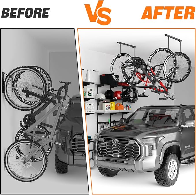 TORACK Overhead Bike Rack for Garage, Ceiling-Mounted Bicycle Storage Hooks for 4 Bikes (Horizontal) or 8 Bikes (Vertical), Adjustable Bicycle Hooks for Mountain, Road Bikes