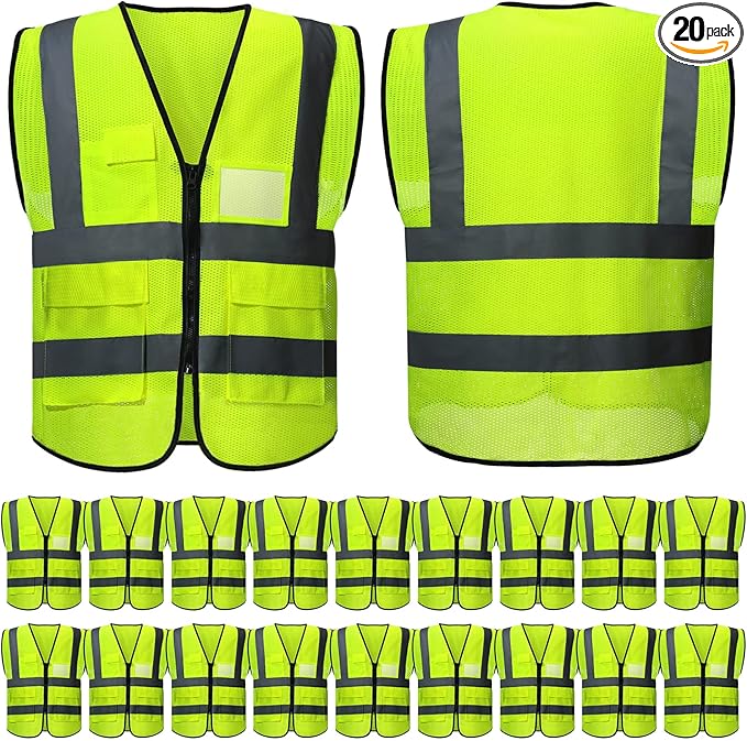 JaGely 20 Pack Reflective Safety Vests with Pockets, High Visibility Mesh Construction Vest for Men Women, Neon Yellow, Size L