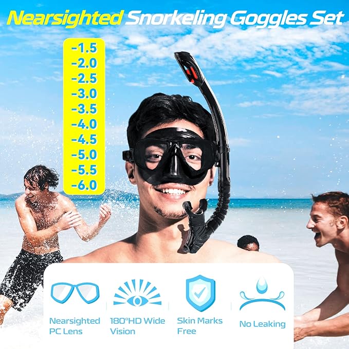 Nearsighted Snorkel Gear, Nearsighted Dry Snorkel Mask Set for Adult Youth, Nearsighted Anti Fog Diving Mask with Detachable Camera Mount & Adjustable Strap for Scuba Diving, Snorkeling, Freediving