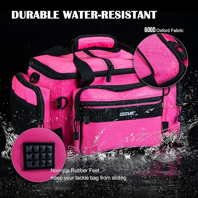 Goture Fishing Tackle Bag with 2PCS 3700 Tackle Boxes | 600D Water-Resistant, Rod Straps, Detachable Bottle Pouch, SBS Zippers, Freshwater & Saltwater Gear Storage Fishing Bag