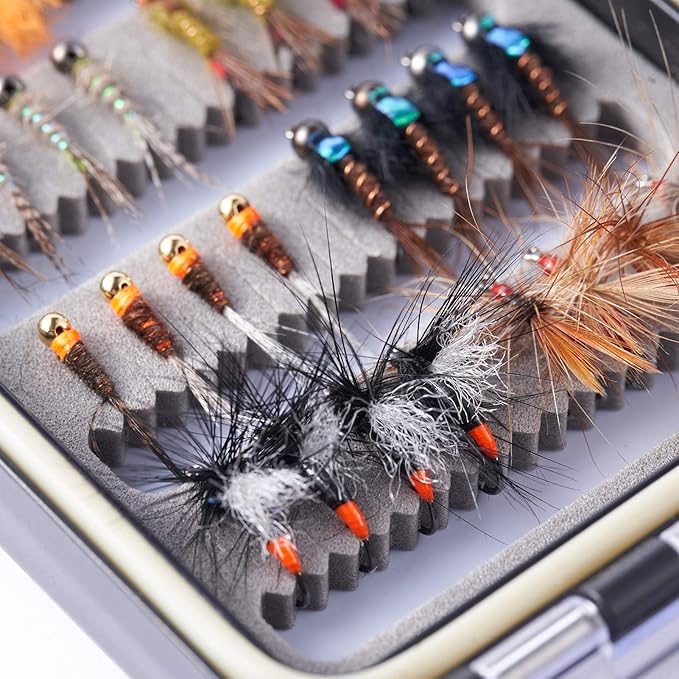 BASSDASH Fly Fishing Flies Kit Fly Assortment Trout Bass Fishing with Fly Box with Dry/Wet Flies, Nymphs, Streamers, Popper