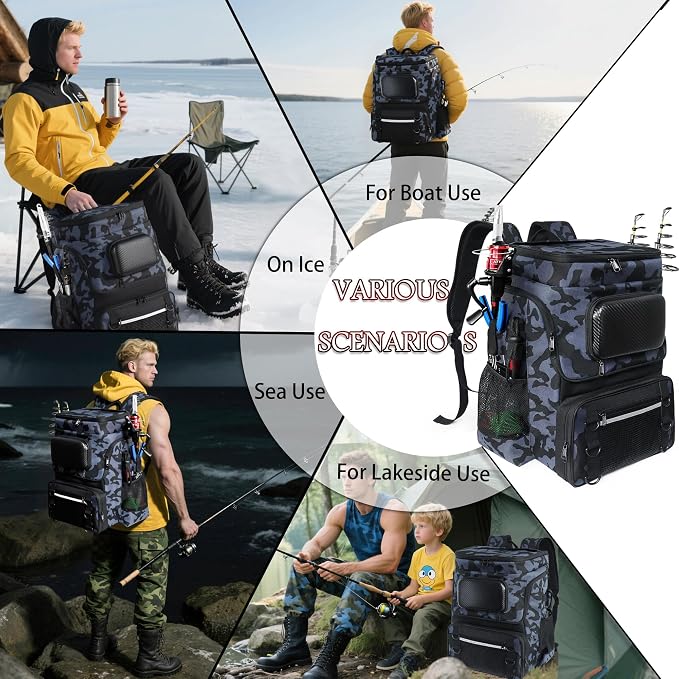 Fishing Backpack with Rod Holder and Tackle Boxes, Cooler, Large 50L Fishing Gear Bag with 139 Fishing Lures Kit, Fish Tool Set, Fish Gifts for Men Woman-Camo Backpack
