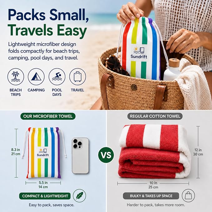 Oversized Microfiber Beach Towel 71x36 Inch, Quick Dry Sand Free Travel Towel, Lightweight Sueded Beach Blanket for Pool, Camping, Yoga & Beach Trips (Rainbow)