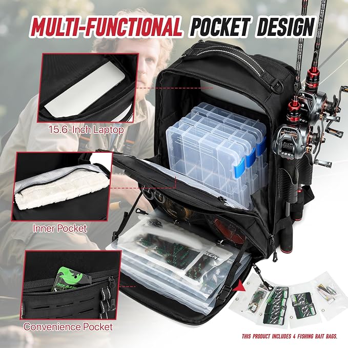 Fishing Tackle Backpack,Tackle Bags with 2 Rod Holders & 4 Tackle Boxes, Water-Resistant Large Tackle Bag Storage Bag for Fishing Gear, Fisher Gifts for Men, Black