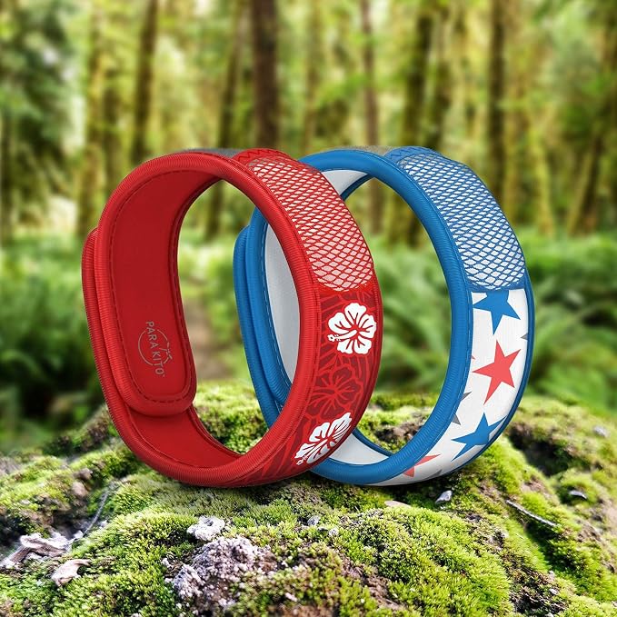 PARA'KITO Mosquito Repellent Bracelets + Refill Pellets Bundle, Mosquito Bracelets, Peppermint Oil, DEET Free Mosquito Repeller, Hiking Accessories, 2 Wristbands & 2 Refills (Hawaii + Stars)