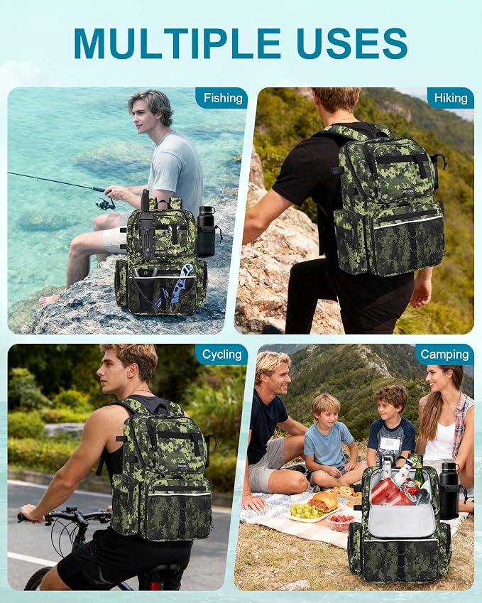 HXLGMD Fishing Backpack with Rod Holders, 43L Large Water Resistant Tackle Bag Storage Gear and Equipment with Cooler for Men Fishing, Camping, Hiking, Green