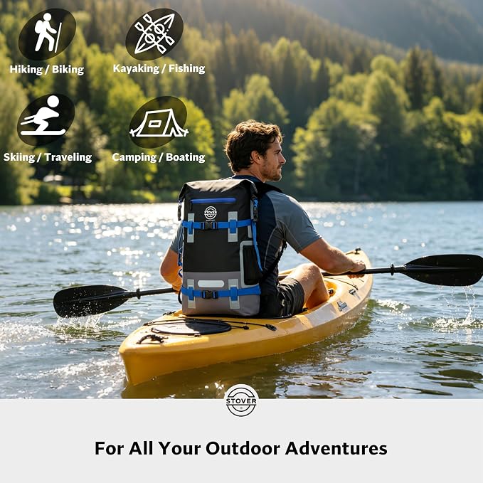 STOVER 30L Waterproof Dry Backpack & Phone Case - X-Large Floating Dry Bag for Kayaking, Travel, Hiking, Fishing, Camping, Motorcycles & Beach, Heavy-Duty Roll Top Men/Women (Black/Grey/Blue)