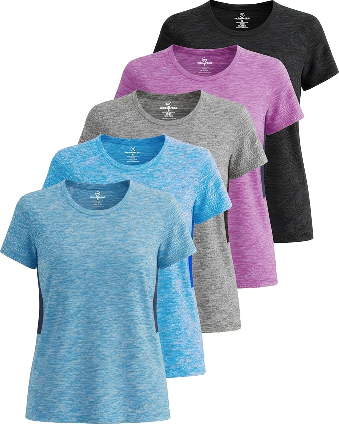Real Essentials 5 Pack: Women's Short Sleeve T-Shirts Workout Tops Fitness Pilates Gym Activewear Athletic (Plus Available)