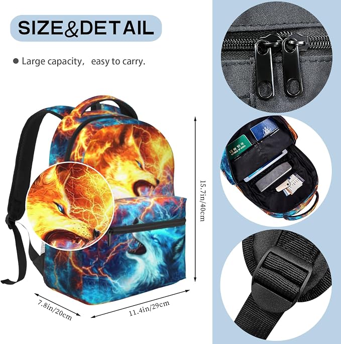 Kids Wolf School Backpack For Boys Girls Cool Fire and Ice Wolf Boys Backpack For Kids Children Teens Elementary Middle School Cool Lighting Bookbag Travel Back Pack for Age 6-18