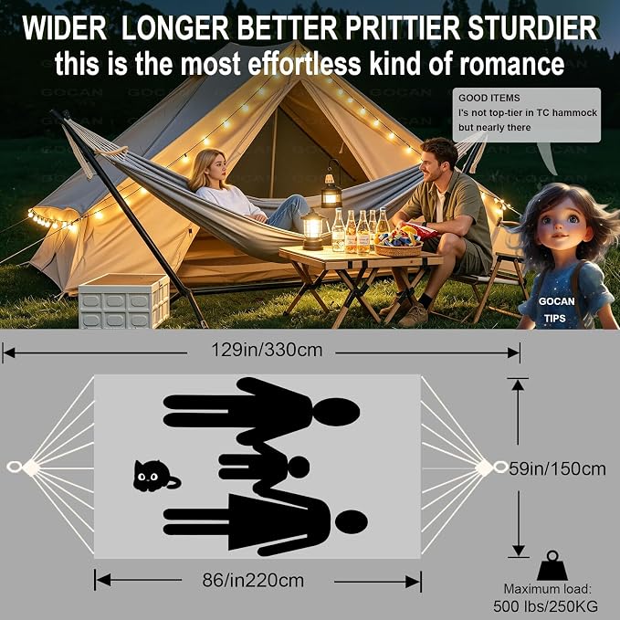Double Hammock 2 Person Extra Large 220x150cm Total Length 330cm Load 500lb Canvas Cotton Hammock for Patio Porch Garden Backyard Lounging Outdoor and Indoor with Removable Spreader bar
