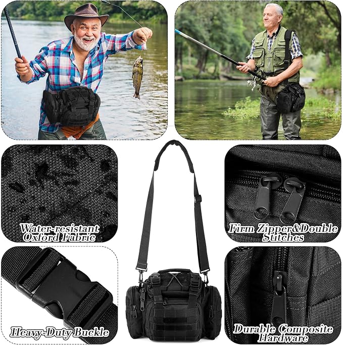 Sosation 464 Pcs Fishing Backpack with Tackle Boxes Lightweight Sling Bag for Fish Gear Equipment Accessories Fishing Gifts for Men Fish Lures Pliers Digital Scale Hook Removal Gripper(Black)