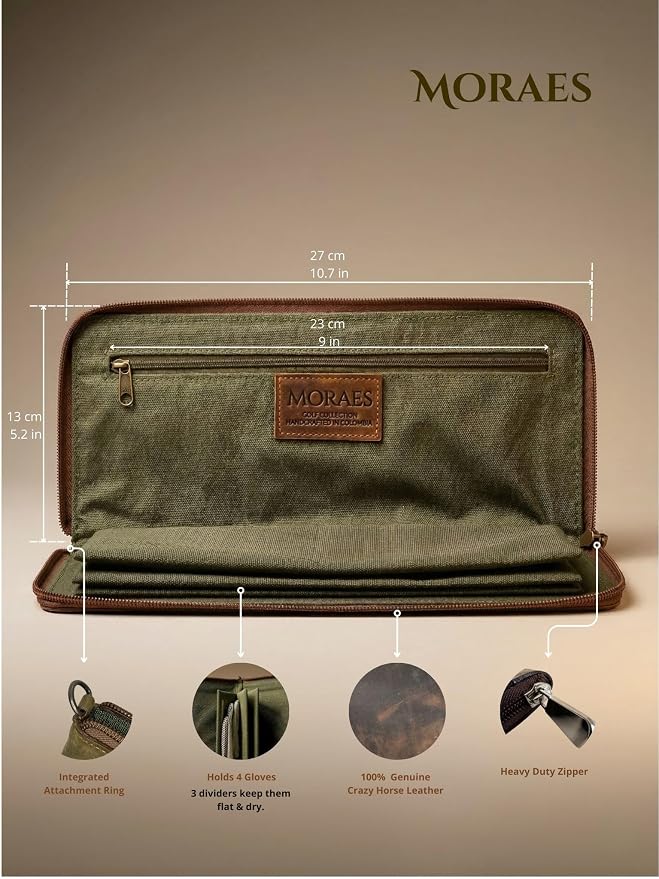 MORAES Genuine Leather Golf Glove Case Holder – Genuine Crazy Horse Leather Golf Wallet – Vintage Style Zippered Organizer Pouch – Keeps Gloves Flat & Dry – Premium Golfer Gift