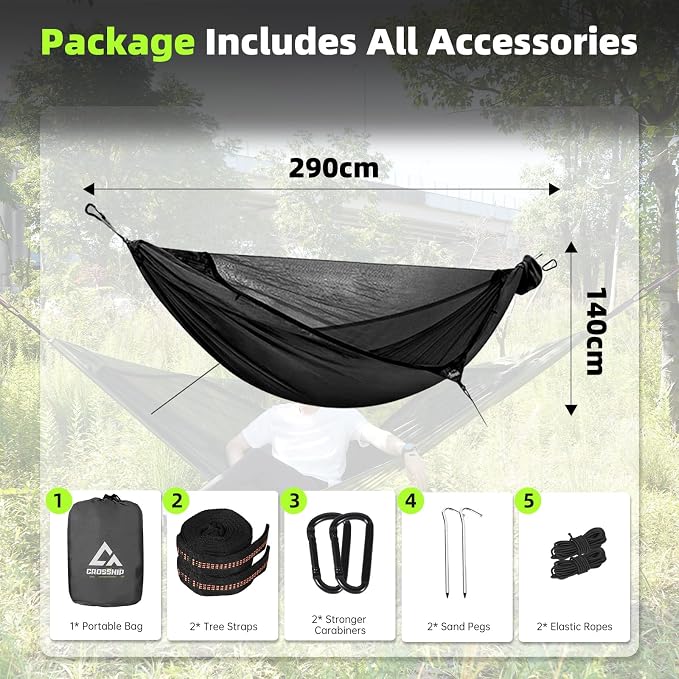 Camping Hammock with Mosquito Net – Portable Parachute Nylon Hammock Tent with Tree Straps, Camp Rope & Stake - for Hiking, Backpacking, Travel, Backyard, Beach – Holds Up to 500lbs (Black)