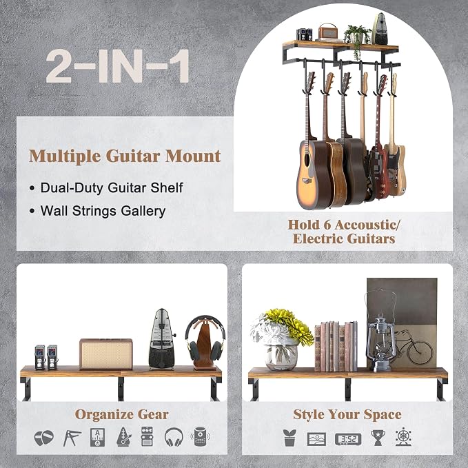 Keebofly Guitar Wall Mount Hangers Holds 6 Guitars with Rustic Shelf - 6-Detachable Guitar Hooks Universal Fit for Acoustic, Electric, Bass Guitars & Ukulele (Brown)