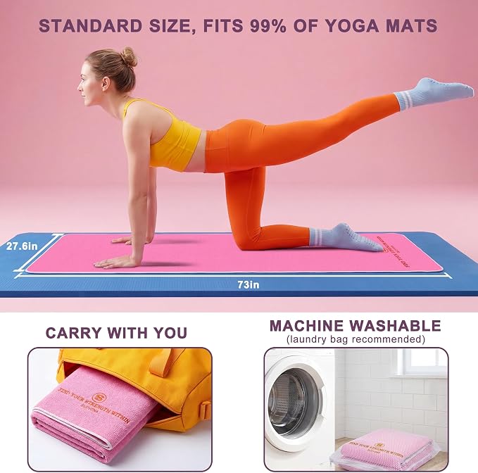 Upgraded Yoga Mat Towel with Bonus Grip Socks, Rose Pink | Elegant Embroidered, 1-Second Sweat Absorption & Non-Slip | Machine Washable Microfiber | Hot Yoga, Pilates | 73''*27.6''