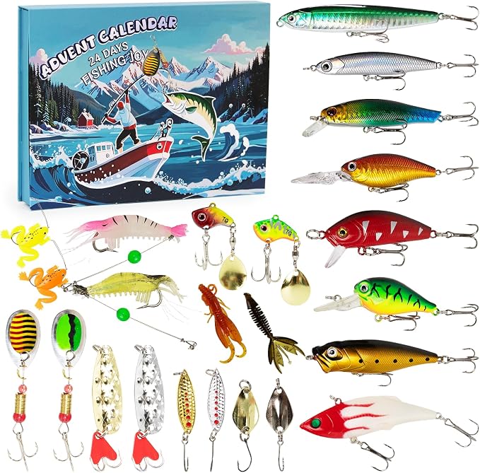 Fishing Advent Calendar 2026 Christmas Countdown, 24 Days Lure Fishing Kit，Xmas Fishing Gift for Fisherman Adult Men Teen Boys