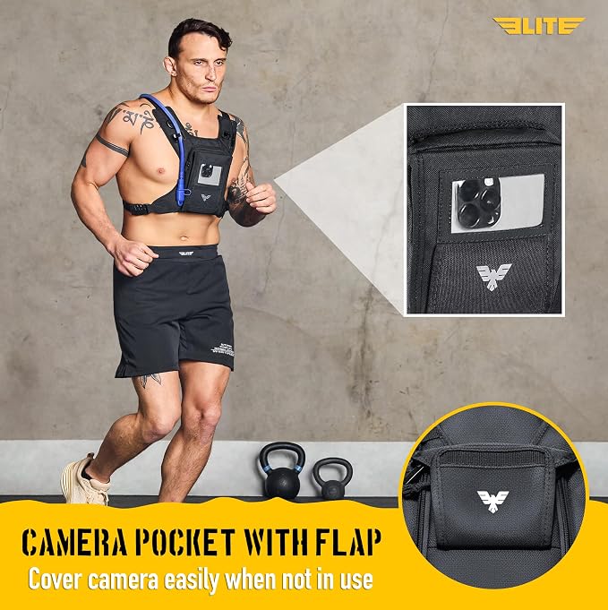 Elite Hydra Running Chest Pack w/ Gun Holster, Phone Holder Touch Friendly, Camera Pocket for Men/Women Lightweight Hydration Vest Chest Rig w/ Water Bladder for Marathon, Cycling, ADV Camping, Skiing