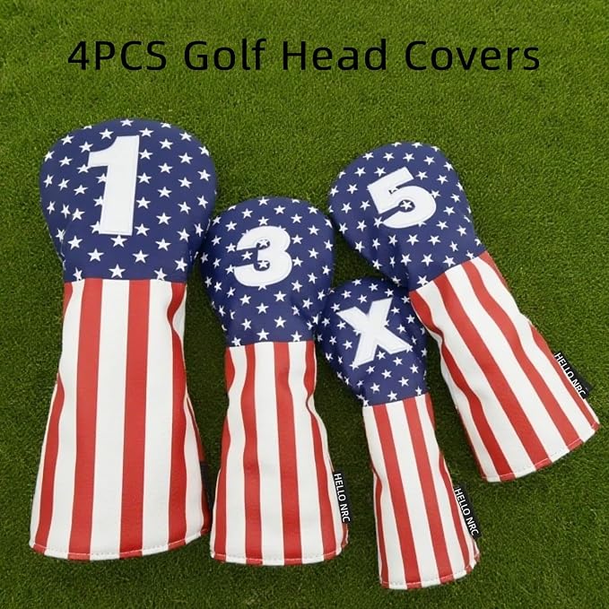 Golf Head Covers, Headcover for Woods and Driver Hybrid Set, Waterproof Club Head Covers, 4pcs or 1pc PU Leather USA Stars and Stripes 1 3 5 X for Most Golf Clubs