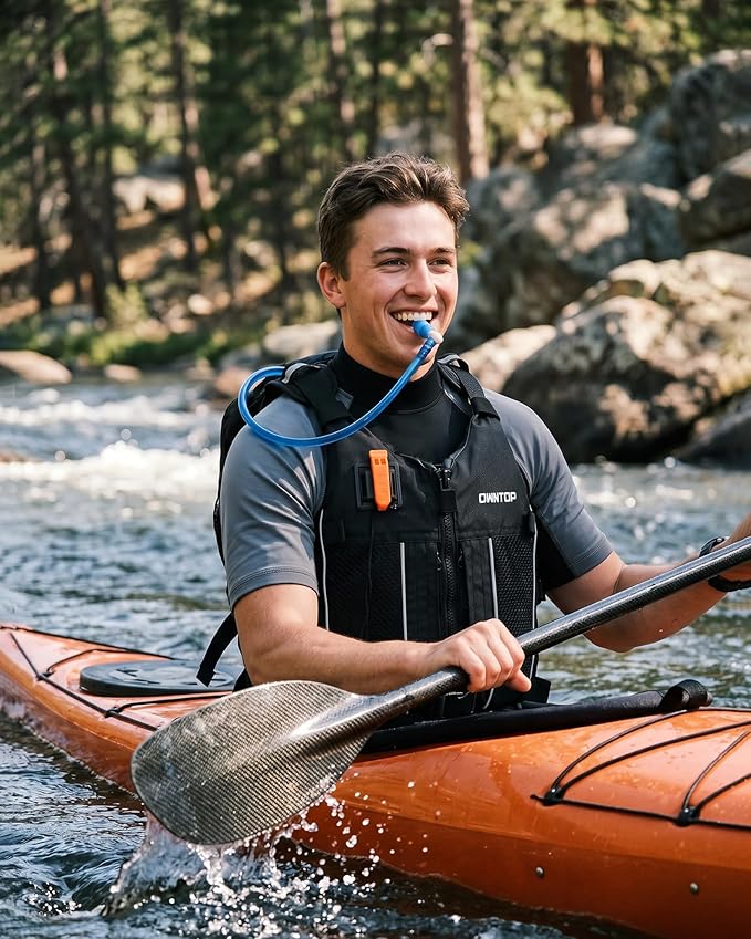 Owntop Swim Jacket Adult Youth | Hydration Pack | Dual Mesh Pockets | Attached Whistle | Ultra-Thin for Freer Movement | Kayak, Boating, Fishing, All Watersports