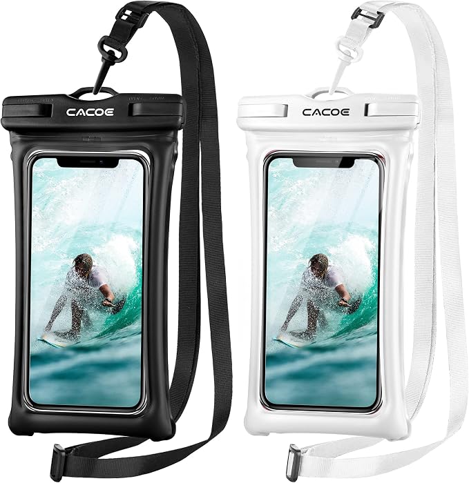 CACOE [Floatable] Floating Universal Waterproof Phone Case 2 Pack-Up to 7.0",Phone Pouch with Adjustable Neck Lanyard,IPX8 Cellphone Dry Bags for Vacation Water Activities（Black+White）