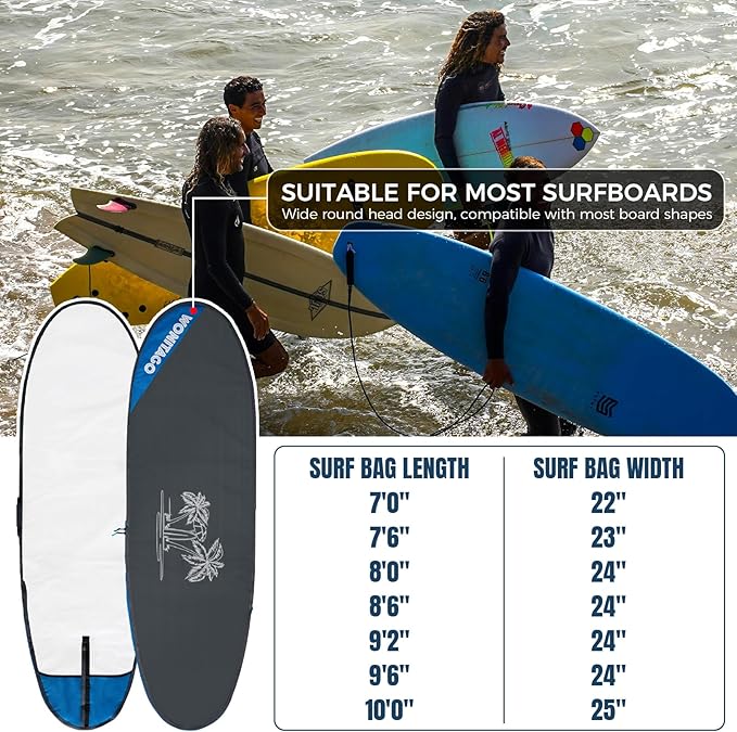 Surfboard Bag Zippered Day Bag with Shoulder Strap, Surfboard Carrying Bags for Storage and Transport, Size 7'0, 7'6, 8'0, 8'6, 9'2, 9'6, 10'0