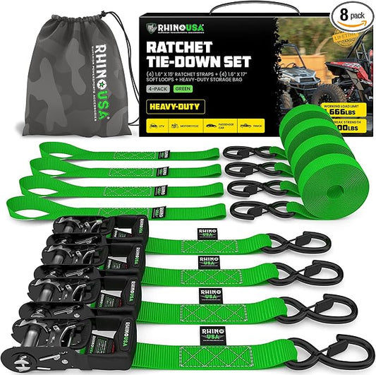 Rhino USA Ratchet Straps Heavy Duty Kit (4-Pack) - 1.6 Inch x 8 Feet Min Break Strength (5,000) - Ultimate Tie Down Straps with Safety S Hooks for Trucks, ATV, UTV, Motorcycle, Cargo & More - Green