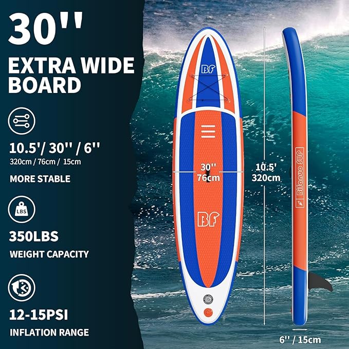 Bifanuo Inflatable Stand Up Paddle Board with SUP Accessories & Backpack. Paddle Boards for Adults. Non-Slip Deck, Wide Stance, Bottom Fin, Double Action Pump.