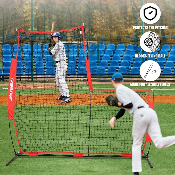 Baseball & Softball Portable Practice Batting Screen, 7-FT I-Screen or L-Screen Pitching Net for Pitcher Protection with Carry Bag and Ground Stakes