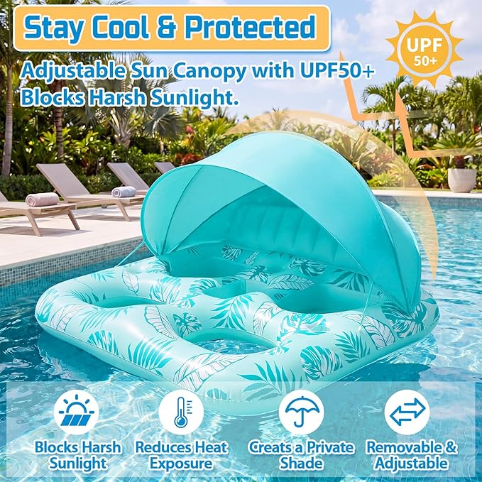 Chumia Pool Floats with Canopy for Adult, UPF50+ 1-2-3 Person Inflatable Floats with Sun Shade Backrest Footrest and Cup Holder Heavy Duty for Pool Lake River Beach Ocean Summer Party Supply
