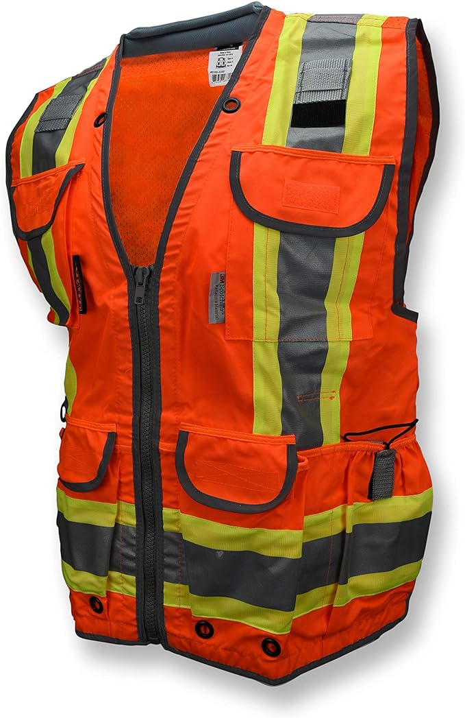 Radians SV55 Class 2 Heavy Woven Two Tone Engineer Vest with Padded Neck to Support Extra Weight in Cargo Pockets, Orange, X-Large
