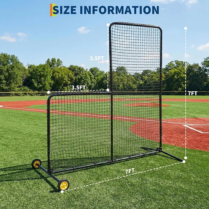 7x7FT L-Shaped Baseball Pitching Net with Wheels,Portable Steel L Screen,Protective Pitcher Screen Netting for Batting Cage, Softball & Tee-Ball Practice (All Skill Levels)