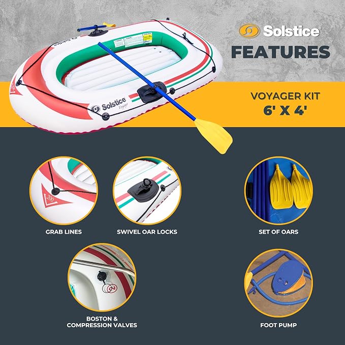 SOLSTICE Inflatable Boat for Lakes, Rivers & Beaches – Heavy-Duty Raft with Swivel Oar Locks & Grab Line – Voyager, Full Kit Includes Oars & Pump, 2-Person, White, 6'