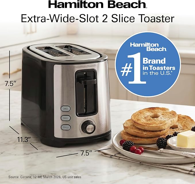 Hamilton Beach 2 Slice Extra Wide Slot Toaster with Bagel & Defrost Settings, Shade Selector with 7 Browning Levels, Toast Boost, Auto Shutoff, Black & Stainless Steel (22633)