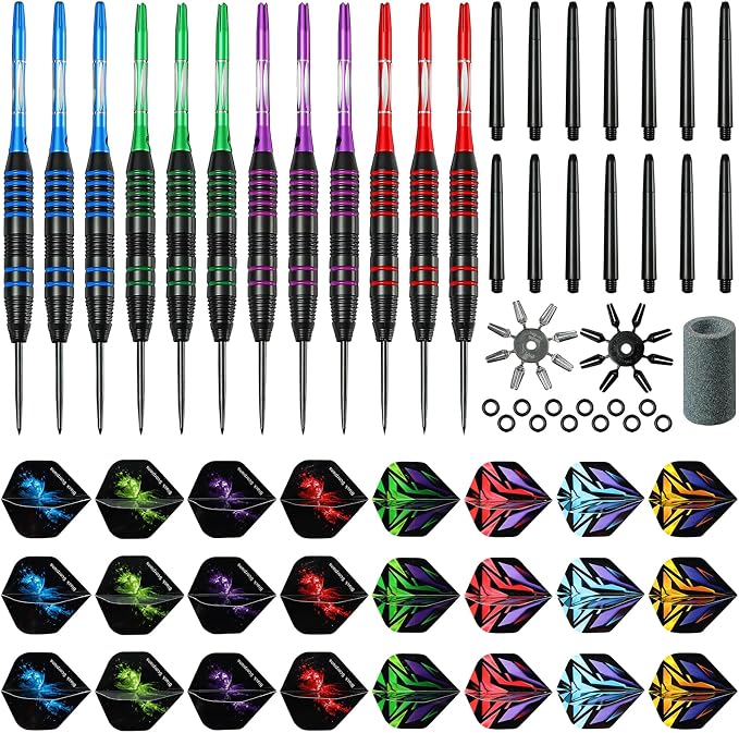 WINSDART Steel Tip Darts 12 Pack Set with Nonslip Iron Barrel Aluminum Dart Shafts and Flights Darts Sharpener an Gift Box