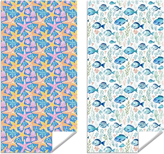 2 Pcs Microfiber Beach Towel Sand Free Quick Dry Oversized Lightweight Nautical Starfish Seashell Print Pink Blue Yellow Bath Towels for Travel Pool Swim Yoga 71 x 32 Inches