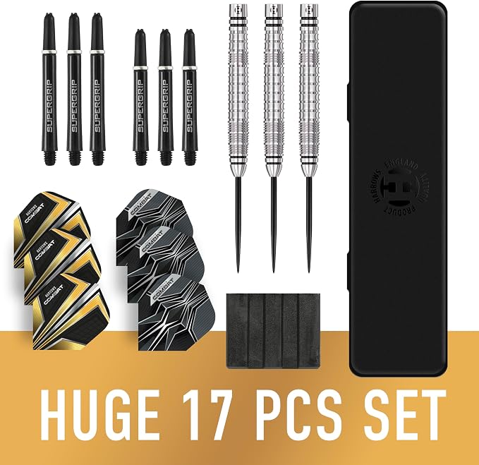 Harrows Combat 90% Tungsten Steel Tip Darts Set I 21g to 30g All Weights Available I Huge 17pcs Bundle with Spare Shafts, Prime Flights & Travel Case