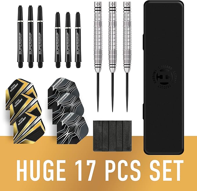 Harrows Combat 90% Tungsten Steel Tip Darts Set I 21g to 30g All Weights Available I Huge 17pcs Bundle with Spare Shafts, Prime Flights & Travel Case