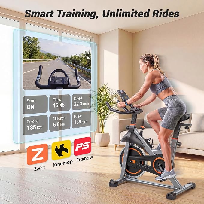 OLIXIS Exercise Bike with APP Control, Brake Pad Stationary Bikes with Quiet Magnetic Resistance, Indoor Cycling Spin Workout Bike with 300.0 lbs Weight Capacity,Orange/Red/Blue