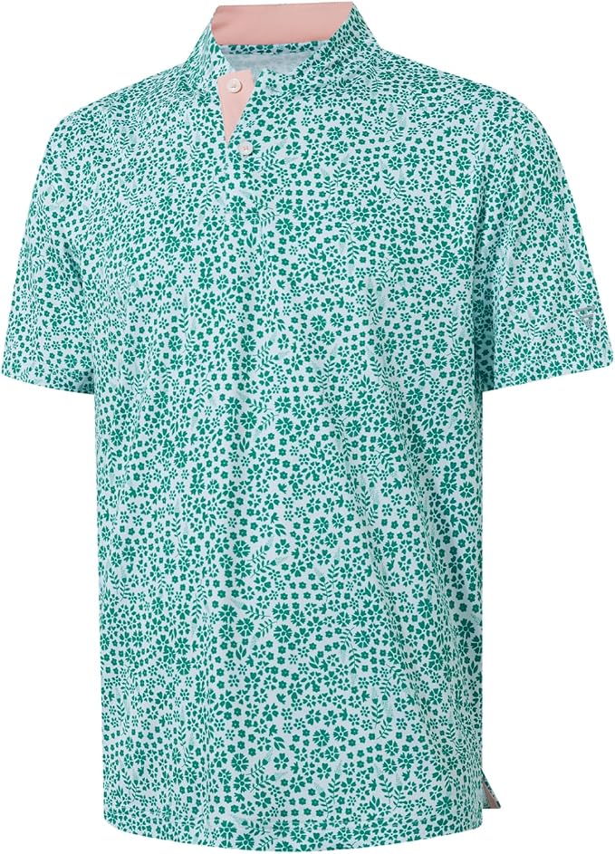 M MAELREG Golf Shirts for Men Collarless Performance Dry Fit Stretch Henley Casual Printed Mens Polo Shirts Short Sleeve