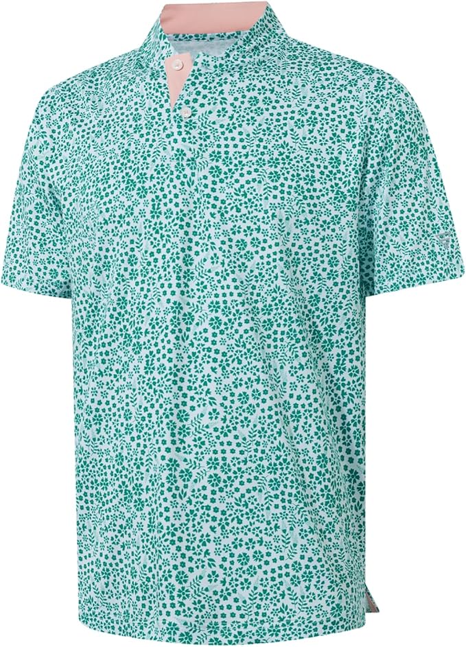 M MAELREG Golf Shirts for Men Collarless Performance Dry Fit Stretch Henley Casual Printed Mens Polo Shirts Short Sleeve