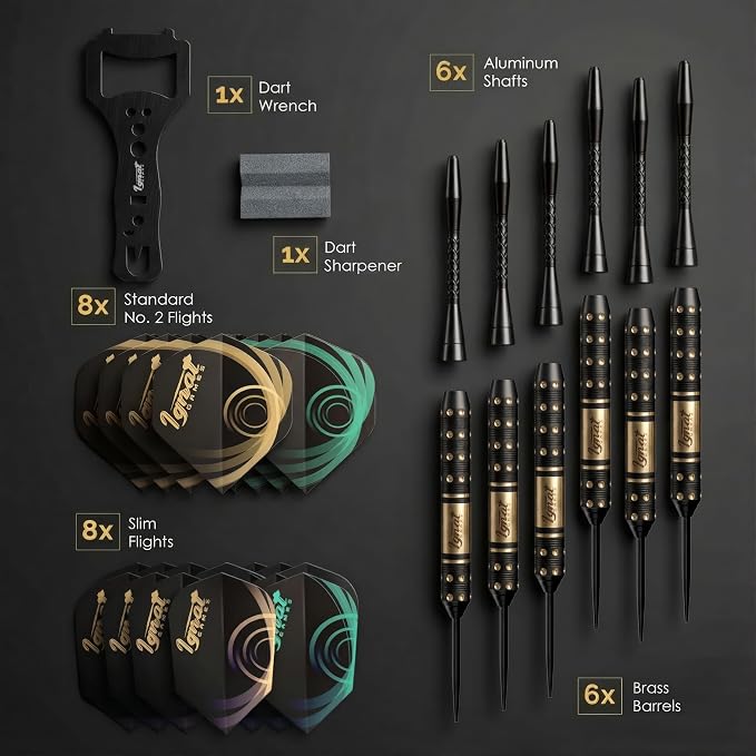 IgnatGames Steel Tip Dart Set - Brass Barrels with Tempered Steel Points, Aluminum Shafts, 16 GlideXPro Flights (Standard No. 2 + Slim), Accessories, Giftable Case