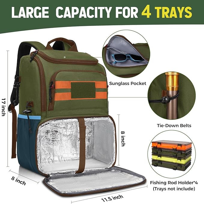 MATEIN Fishing Backpack Tackle Box, Water Resistant Tackle Backpack with Cooler & Rod Holders, Fishing Gifts for Men