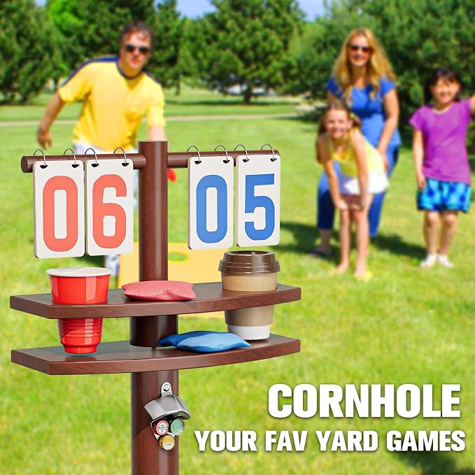 MUCITAGF Cornhole Scoreboard with Drink Holders & Magnetic Bottle Opener, Weatherproof Cornhole Score Keeper Stand for Outdoor Yard Games Accessories
