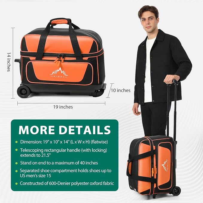 GoHimal Double Roller 2 Ball Bowling Bag with Separate Shoe Compartment for Bowling Shoes (Up To US Mens Size 15) and Oversized Accessory Pocket, Retractable Handle - Extends to 40"
