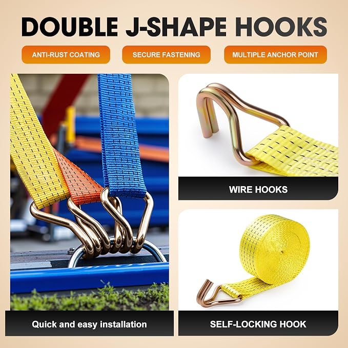 4Pack Ratchet Straps Heavy Duty-2 Inch x 20 Feet(7,500lb Break Strength), Tie-Down Ratcheting with J-Hook Cargo Straps Tiedown Ratchet for Moving and Transports with Trailers, Pickup, Flatbed Trucks