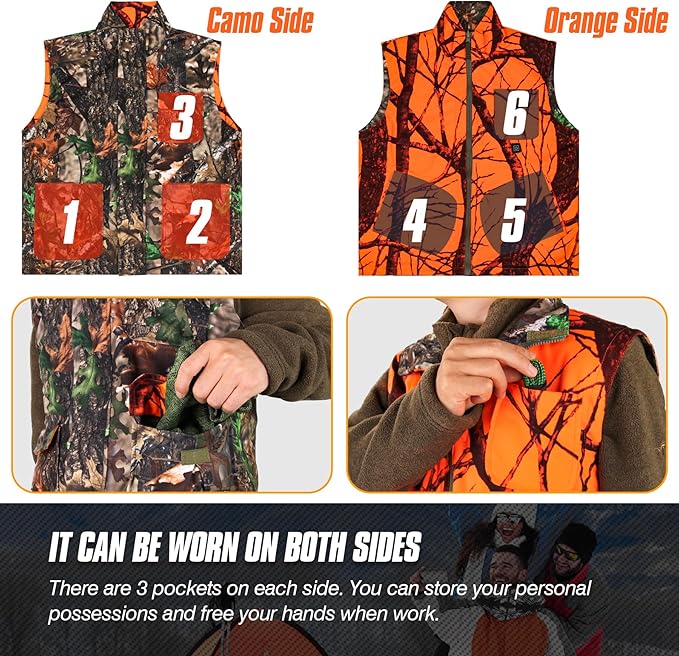 GUGULUZA Camo and Orange Reversible Heated Vest for Hunting, Lightweight Heating Game Safety Vest for Hiking