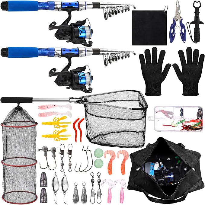 51 Pcs Fishing Rods Combo 6.89ft Telescopic Freshwater Pole Set with Plier Lip Gripper Lures Carrier Bag Pre Loaded Spinning Reel with Freshwater Rod Reel Kit Father Men Gift