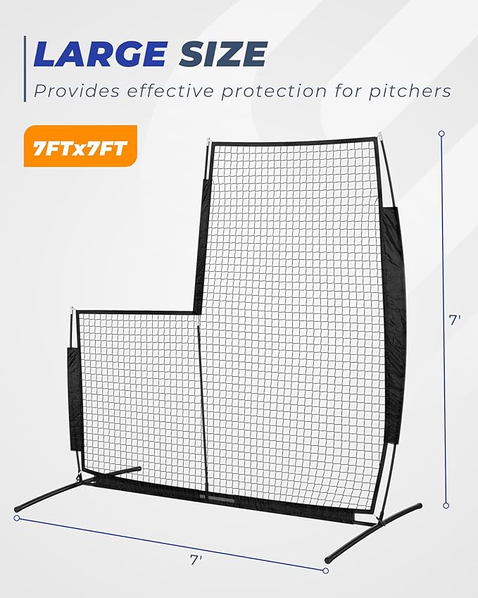 Baseball L Screen for Batting Cage, 7x7ft Pitcher Protector Net for Pitchers Protection, Includes Portable Carry Bag, 4 Ground Stakes